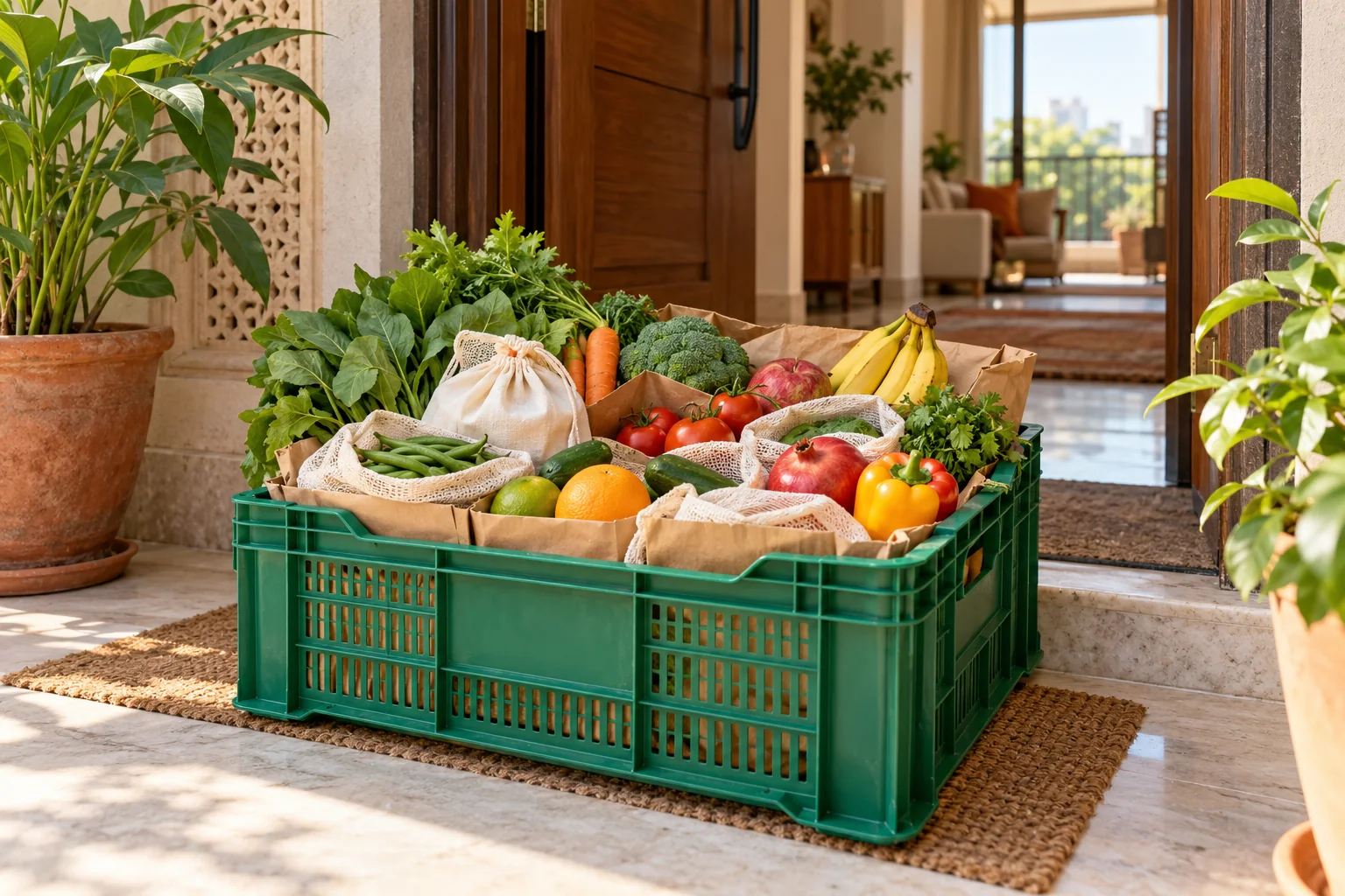 Peti buah dan sayur segar di depan pintu rumah