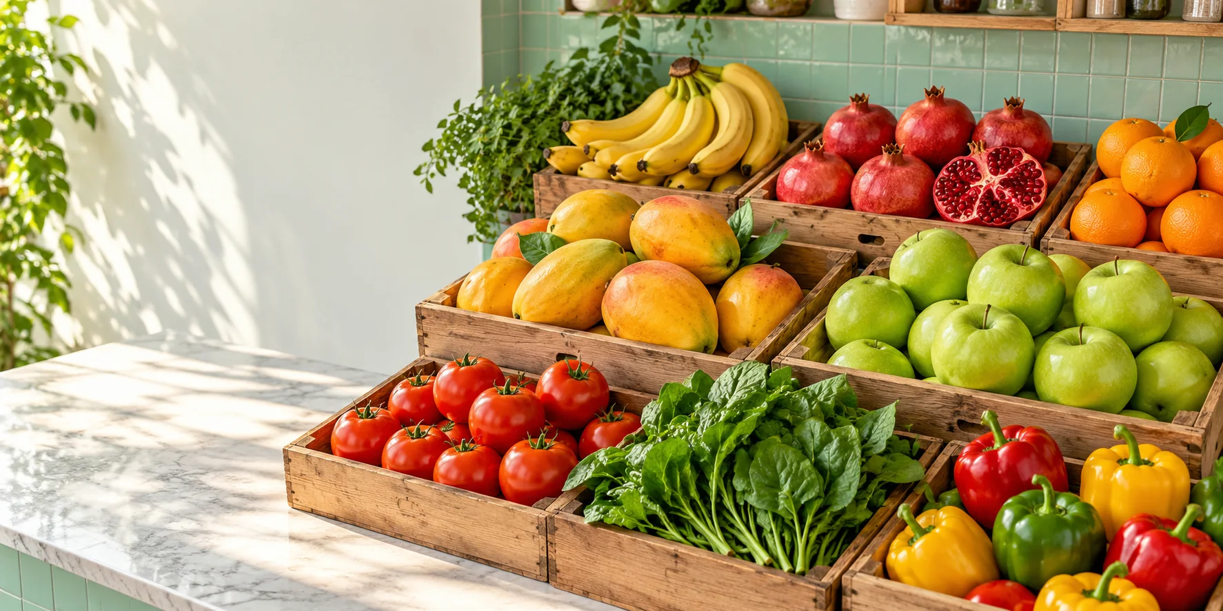 Buah dan sayur segar tertata dalam peti pasar